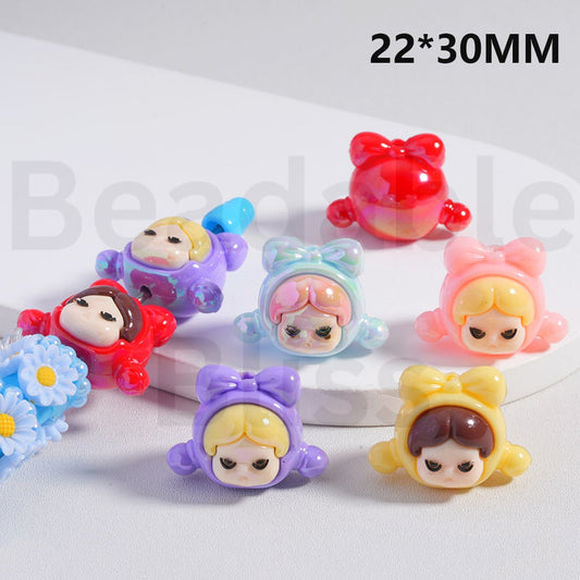 Soft PVC Beads UV Coating Cute Girl with Hat Bowknot Pop Mar Multi-Color Around 22*30MM, Random Mix