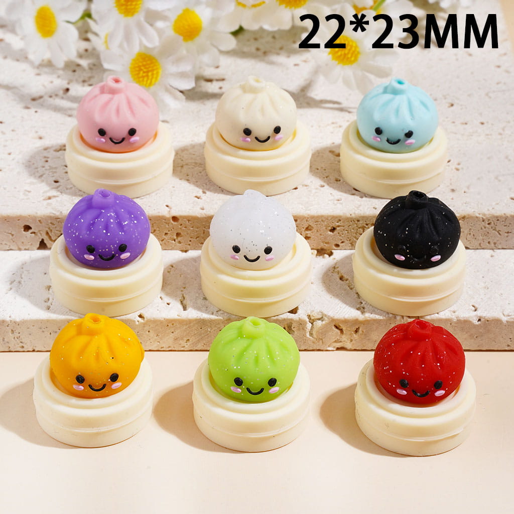 3D Smiling Dumpling with Silver Glitter on Steamer Basket Silicone Focal Beads Multi Colors