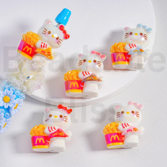 Acrylic Beads UV Coating Cute Hello Kitt Holds McDonal French Fries Multi-Color Around 30*27MM, Random Mix