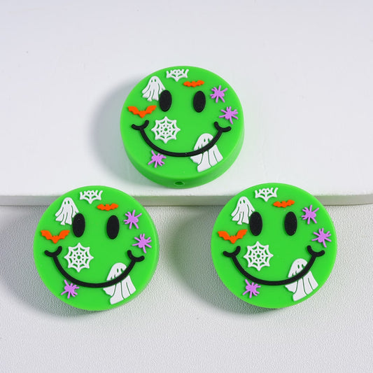 Round Silicone Focal Beads Smile Face Halloween Cute Ghost Spider Web Bat Green