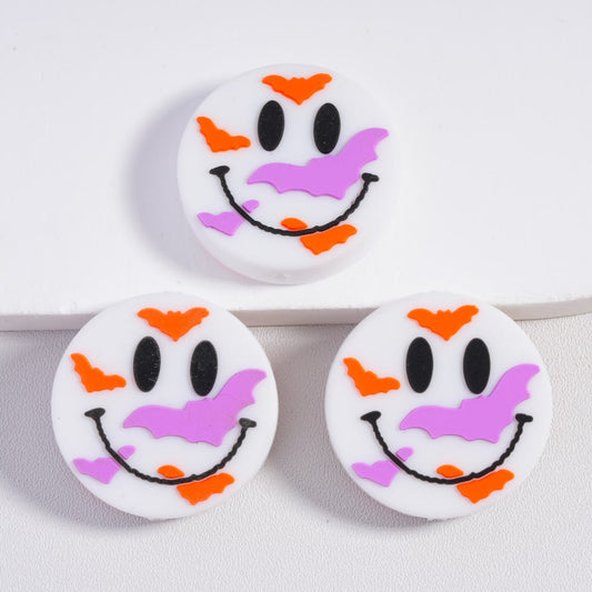 Round Silicone Focal Beads Smile Face Halloween Cute Bat White