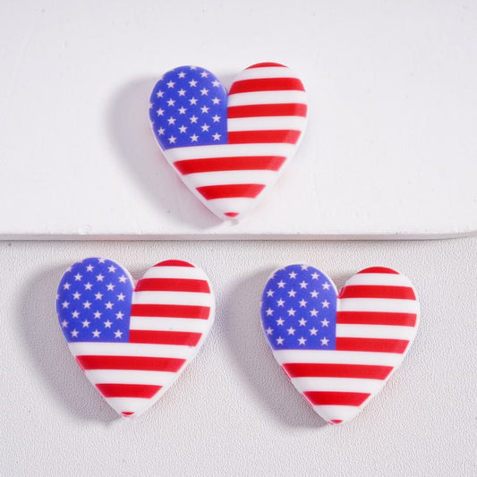 Silicone Focal Beads Cute Heart with USA America Flag Prints Patriotism