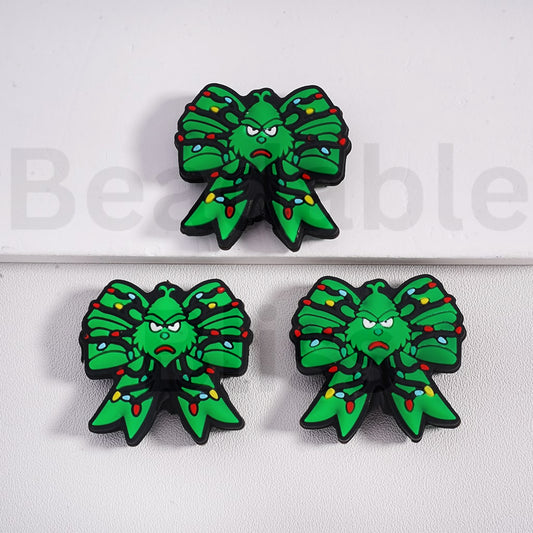 Silicone Focal Beads Green Monster Grinc Style Bowknots with Christmas Lights