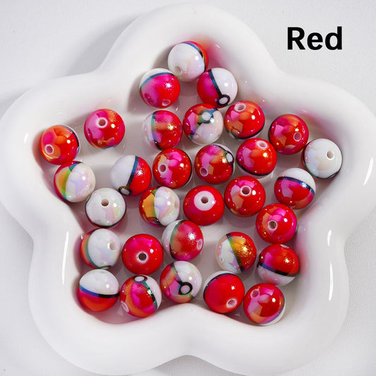 Colorful beads with a white dish on a light gray background

