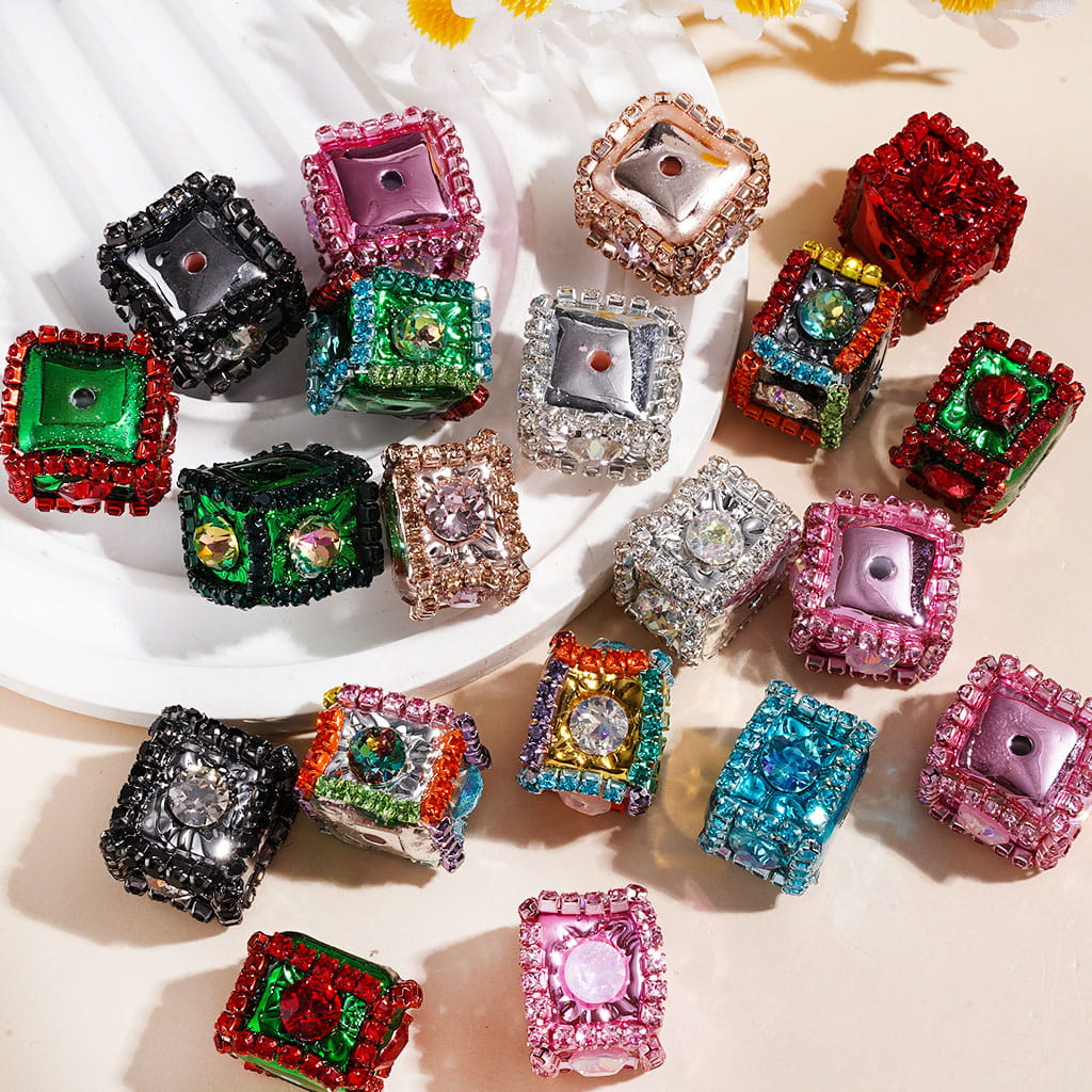 Handmade Metallic Colors Cube Acrylic Beads w Clear Rhinestones Chains & Big Rhinestones, Around 14*18MM, Muti Colors, Random Mix