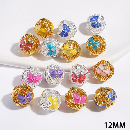 Hollowed Round Shape with Assorted Colors Butterfly Metal Beads, 12MM, Jewelry Accessories, Silver and Gold