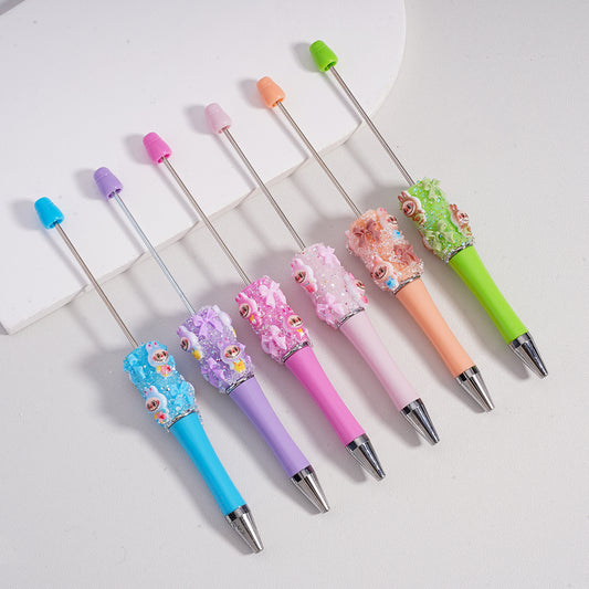 Beadable Pen with Cute Labub Pop Mar Glitter Bowknot Shiny Pearls Clear Sugar in Solid Color