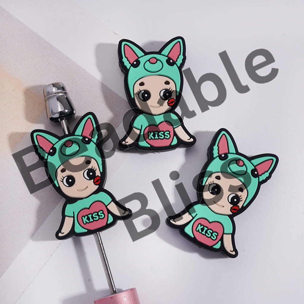 Silicone Focal Beads Baby Angel with Animal Hat and Text on Chest