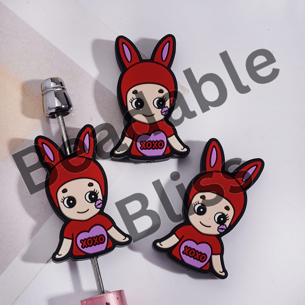Silicone Focal Beads Baby Angel with Animal Hat and Text on Chest