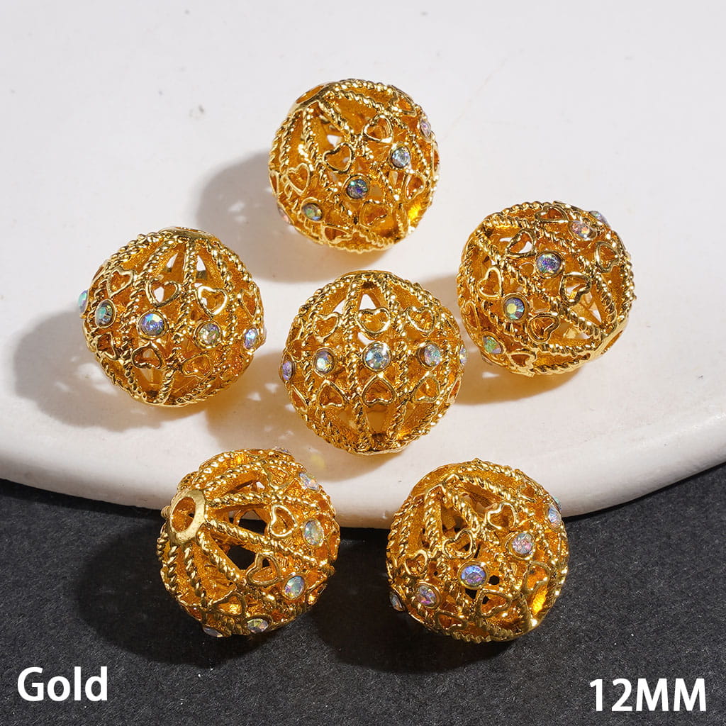 Hollowed Round Shape Metal Beads with Heart and AB Rhinestone, 12MM, Jewelry Accessories, Multi-Color