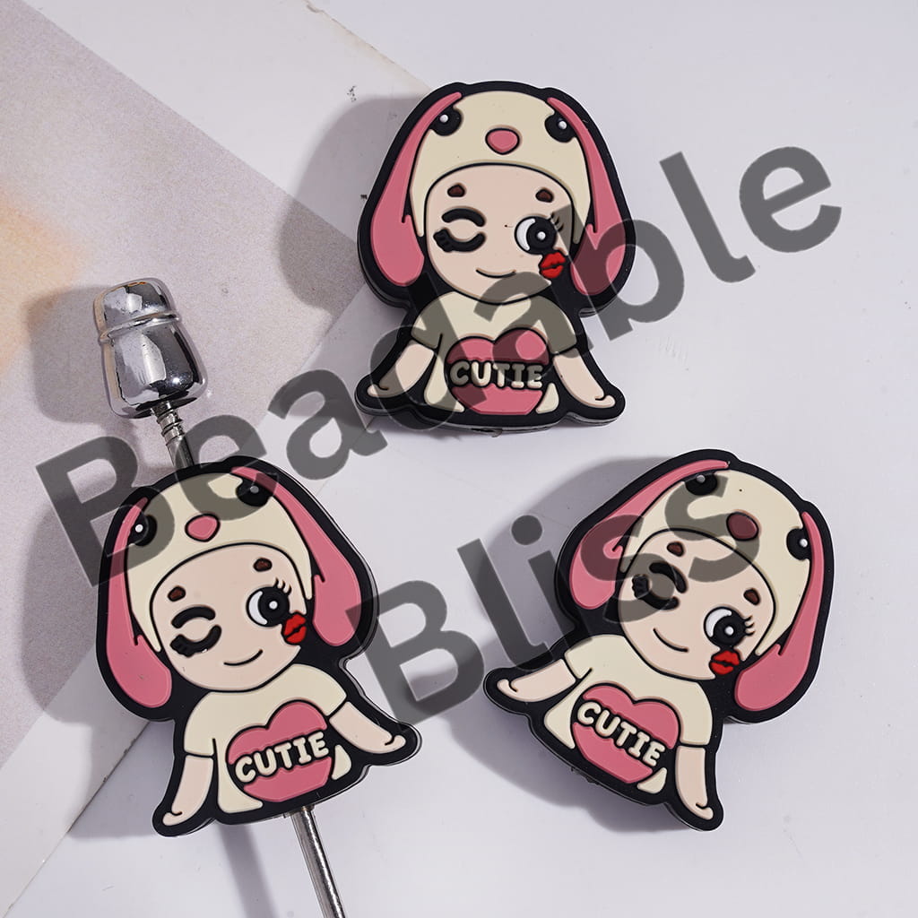Silicone Focal Beads Baby Angel with Animal Hat and Text on Chest