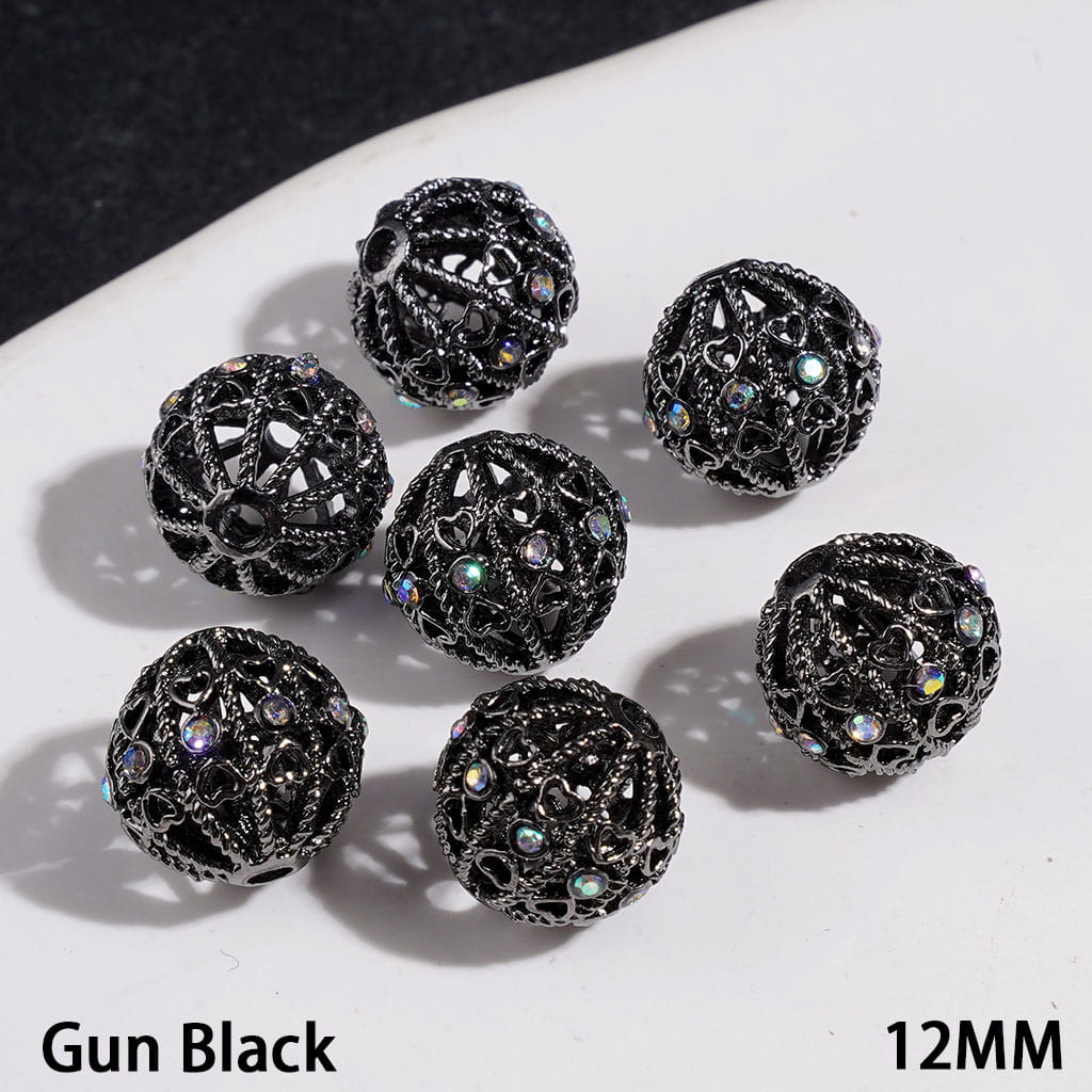 Hollowed Round Shape Metal Beads with Heart and AB Rhinestone, 12MM, Jewelry Accessories, Multi-Color