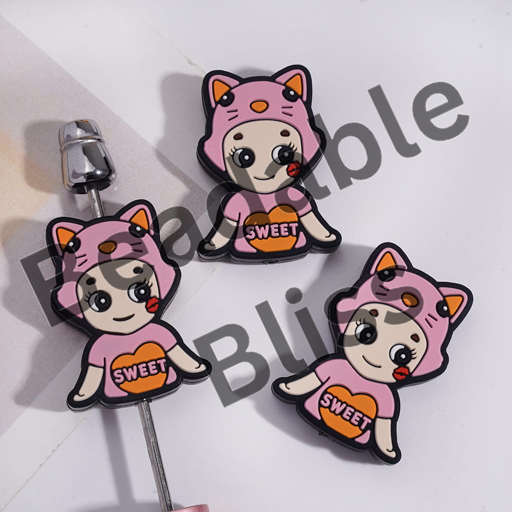 Silicone Focal Beads Baby Angel with Animal Hat and Text on Chest