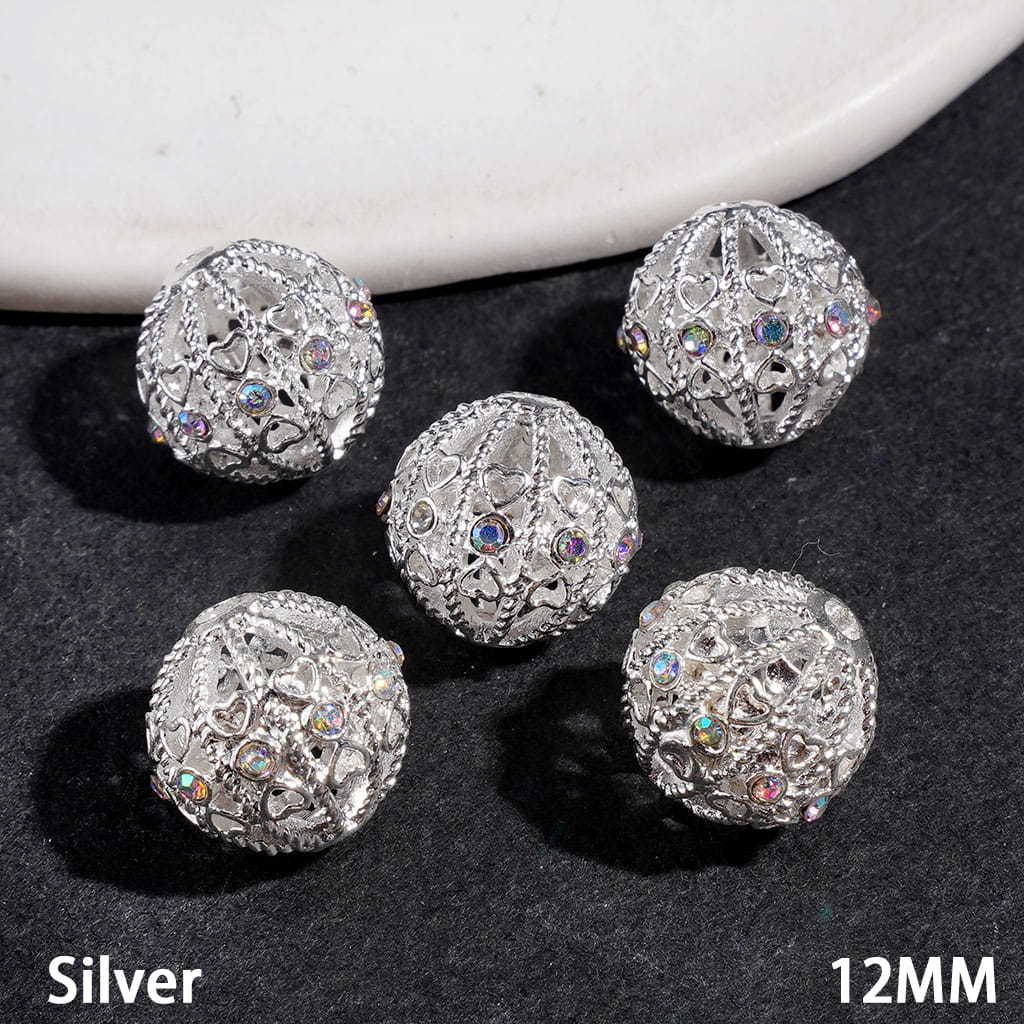 Hollowed Round Shape Metal Beads with Heart and AB Rhinestone, 12MM, Jewelry Accessories, Multi-Color