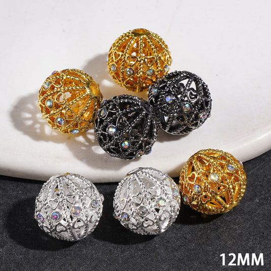 Hollowed Round Shape Metal Beads with Heart and AB Rhinestone, 12MM, Jewelry Accessories, Multi-Color