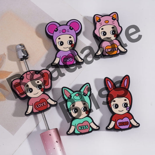 Silicone Focal Beads Baby Angel with Animal Hat and Text on Chest