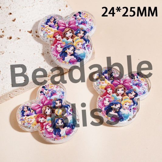Acrylic Beads Mouse Head Shape with Classic Beautiful Princess Character Prints, 24*25MM