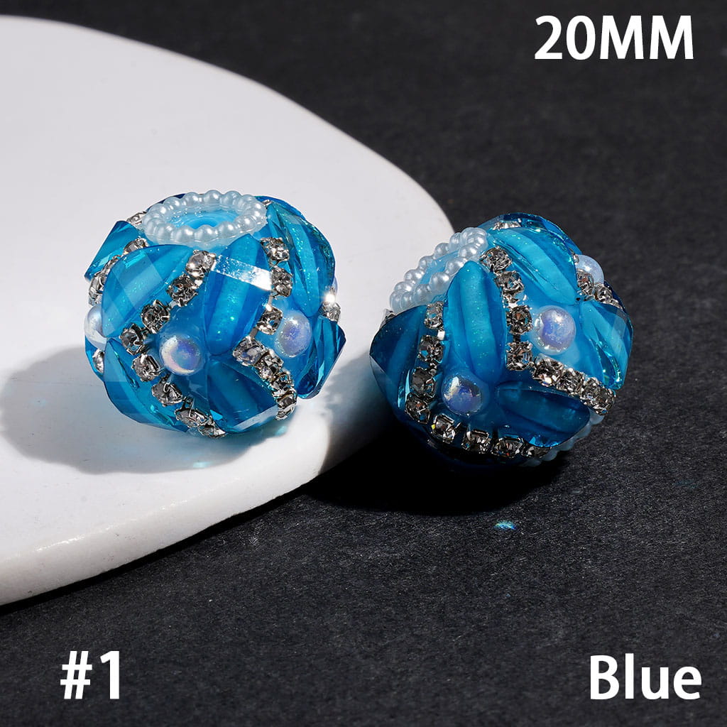 Handmade Acrylic Beads w Leaf Rhinestones & Half Faced Pearls, Clear Rhinestone & White Pearl Chains, 20MM, Neon Colors (Please Read Description)