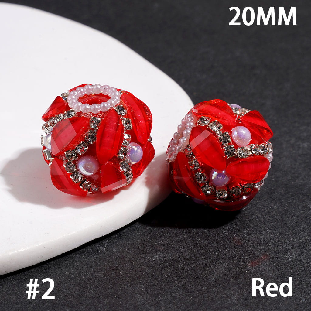 Handmade Acrylic Beads w Leaf Rhinestones & Half Faced Pearls, Clear Rhinestone & White Pearl Chains, 20MM, Neon Colors (Please Read Description)