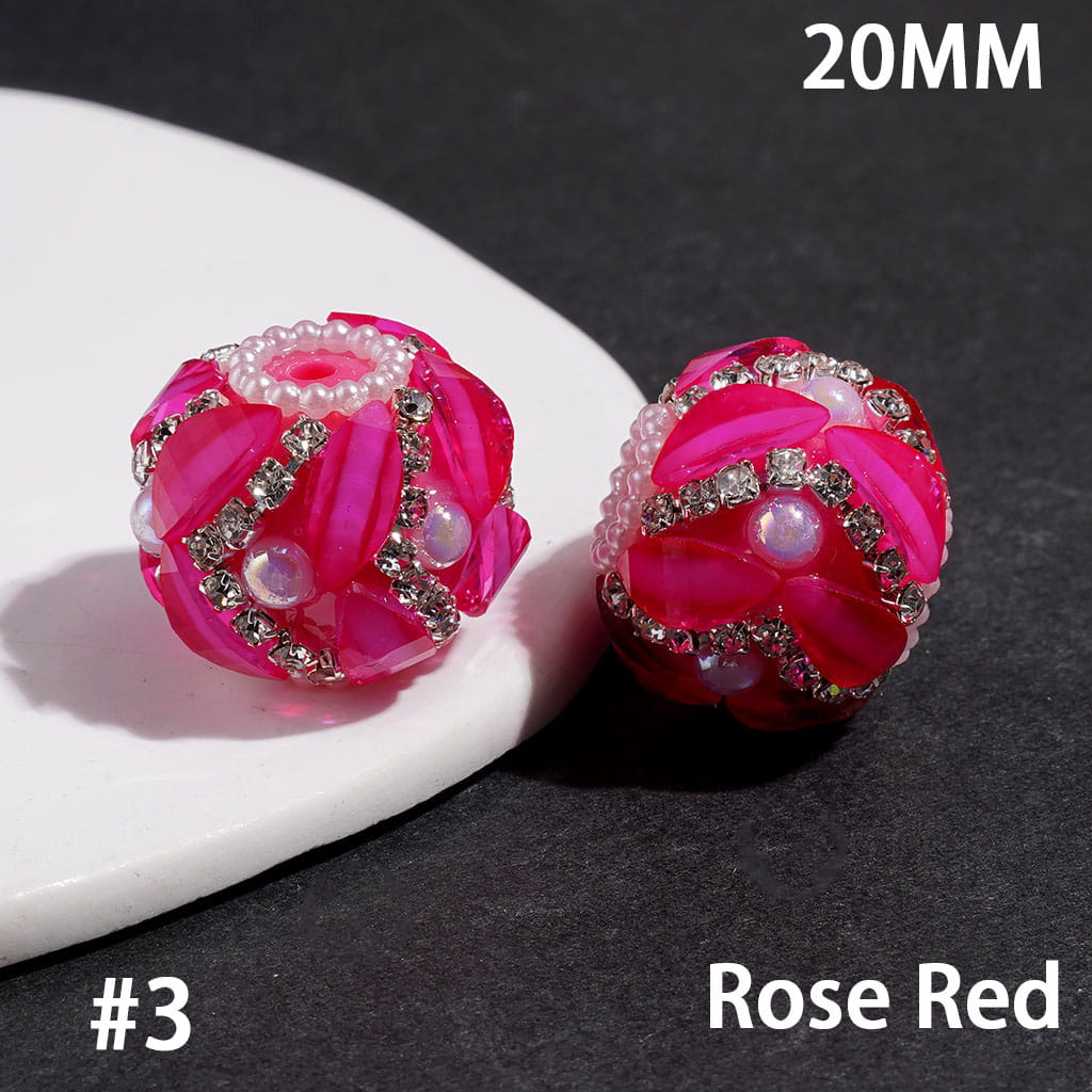 Handmade Acrylic Beads w Leaf Rhinestones & Half Faced Pearls, Clear Rhinestone & White Pearl Chains, 20MM, Neon Colors (Please Read Description)