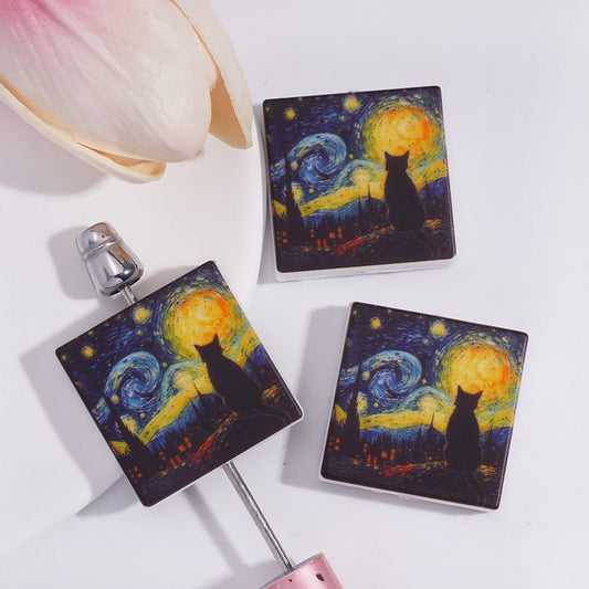 Silicone Focal Beads with Impressionist Painters Works Black Cat Under Star Night, Flat Square Shape