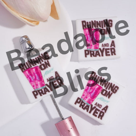 Silicone Focal Beads with Two Can Pink Energy Drink and Black Text, Flat Square Shape