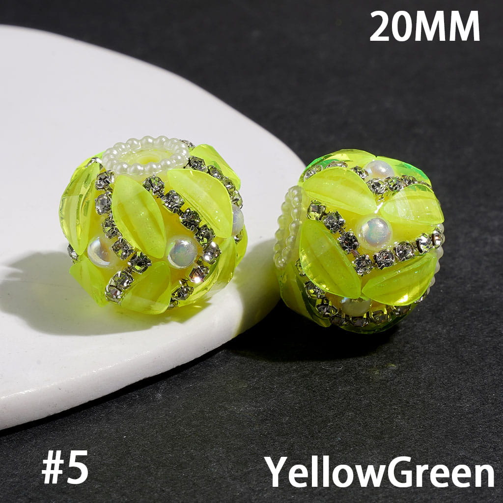 Handmade Acrylic Beads w Leaf Rhinestones & Half Faced Pearls, Clear Rhinestone & White Pearl Chains, 20MM, Neon Colors (Please Read Description)