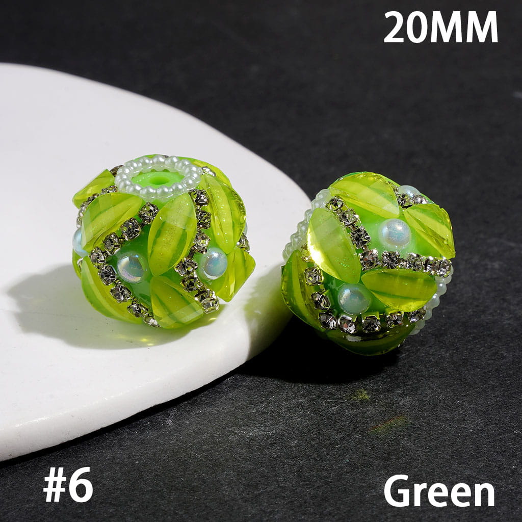 Handmade Acrylic Beads w Leaf Rhinestones & Half Faced Pearls, Clear Rhinestone & White Pearl Chains, 20MM, Neon Colors (Please Read Description)