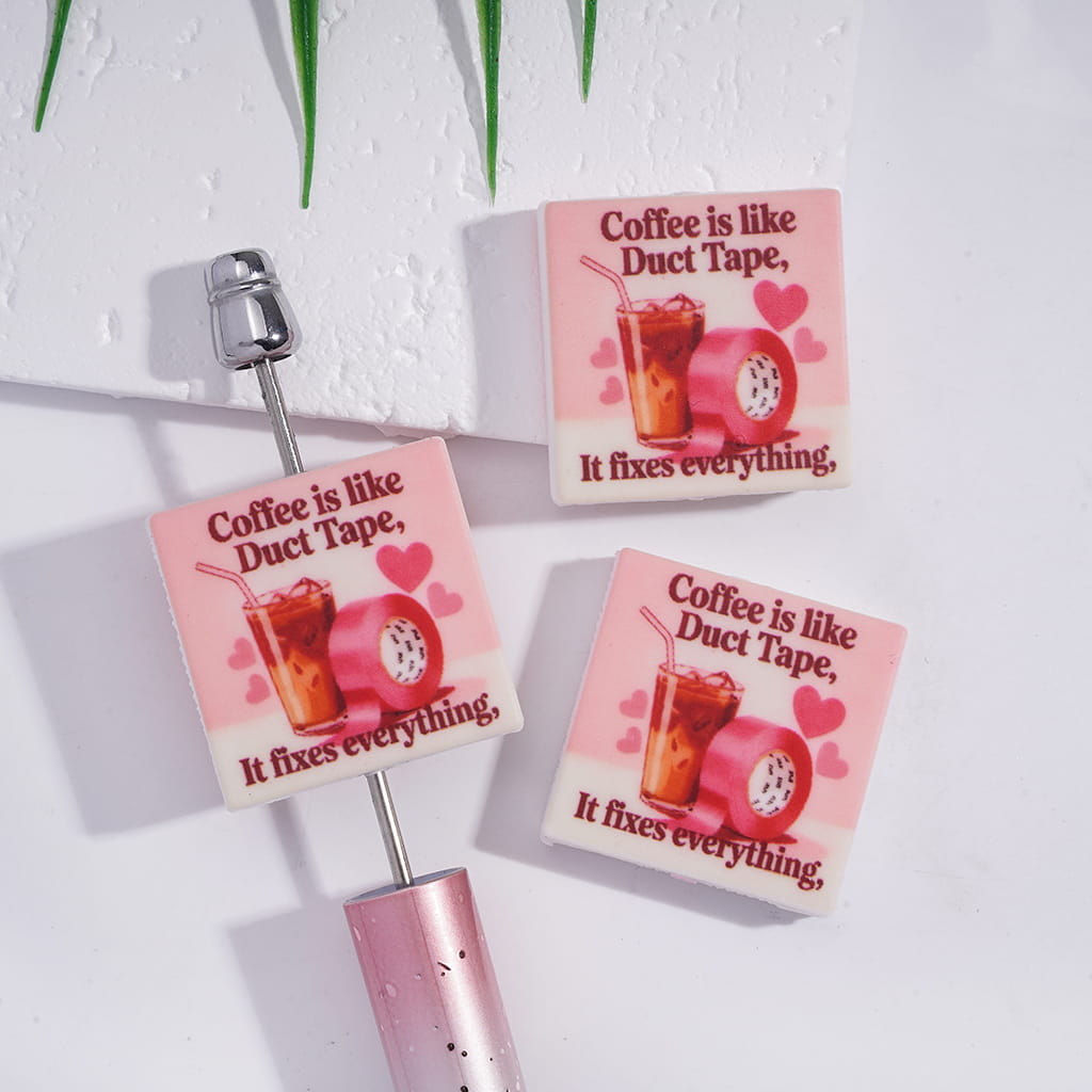 Silicone Focal Beads with Text "Coffee is like Duct Tape, It fixes everything", Flat Square Shape