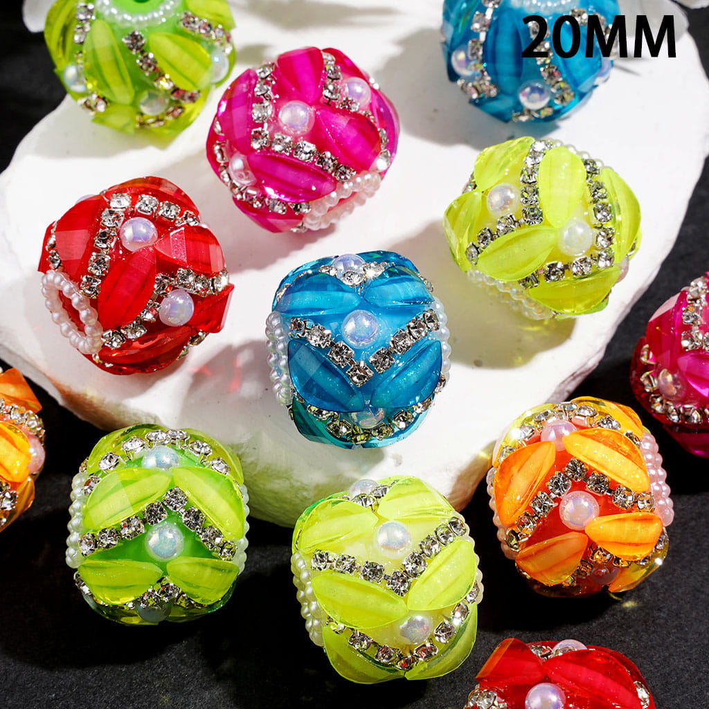 Handmade Acrylic Beads w Leaf Rhinestones & Half Faced Pearls, Clear Rhinestone & White Pearl Chains, 20MM, Neon Colors (Please Read Description)