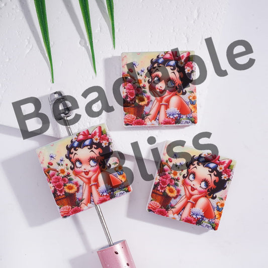 Silicone Focal Beads with Old Girl Character Chin in Hand Under Flowers, Flat Square Shape