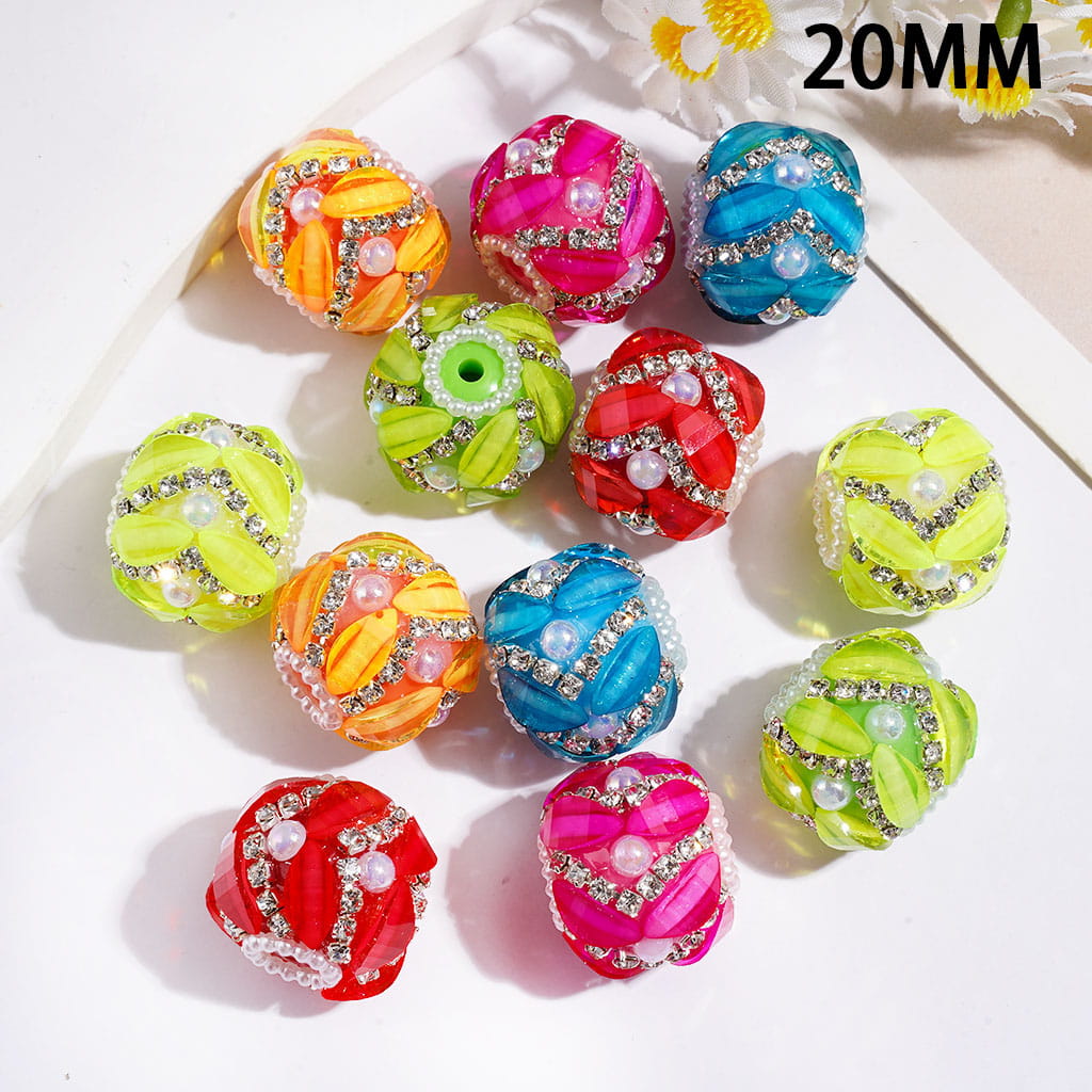 Handmade Acrylic Beads w Leaf Rhinestones & Half Faced Pearls, Clear Rhinestone & White Pearl Chains, 20MM, Neon Colors (Please Read Description)