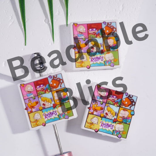 Silicone Focal Beads with Naughty Kids in Nine-Square Grid, Flat Square Shape