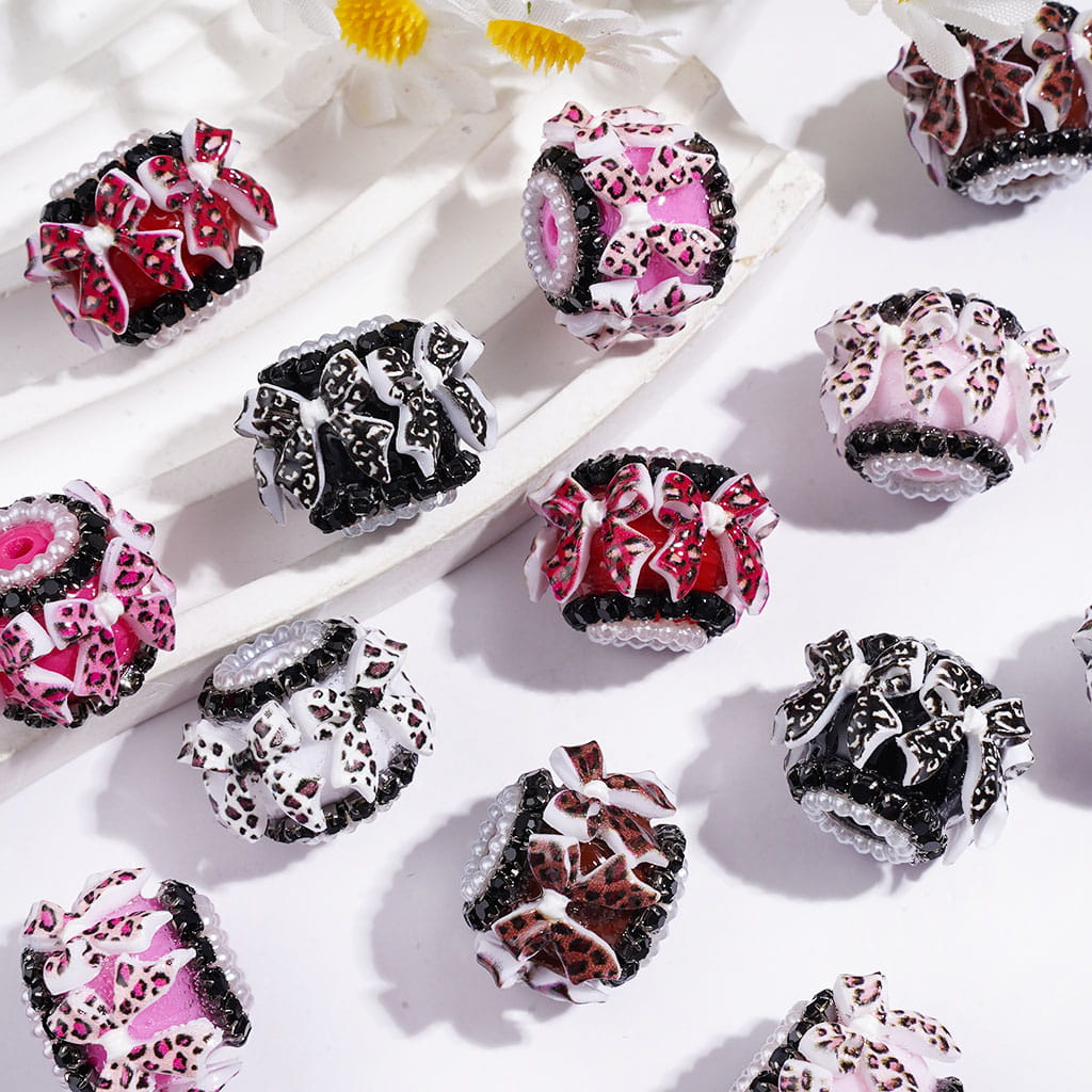 Handmade Acrylic Beads w Leopard Print Bow and Black Rhinestone Chains, White Pearl Loop, 18MM, Random Mix