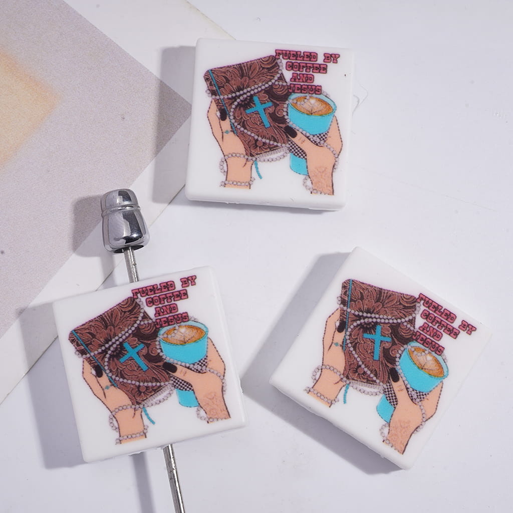 Silicone Focal Beads with Hand Holding Christianity Bible and Coffee Cup, Flat Square Shape
