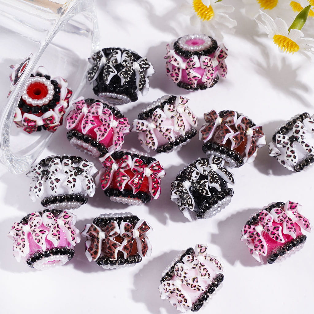 Handmade Acrylic Beads w Leopard Print Bow and Black Rhinestone Chains, White Pearl Loop, 18MM, Random Mix