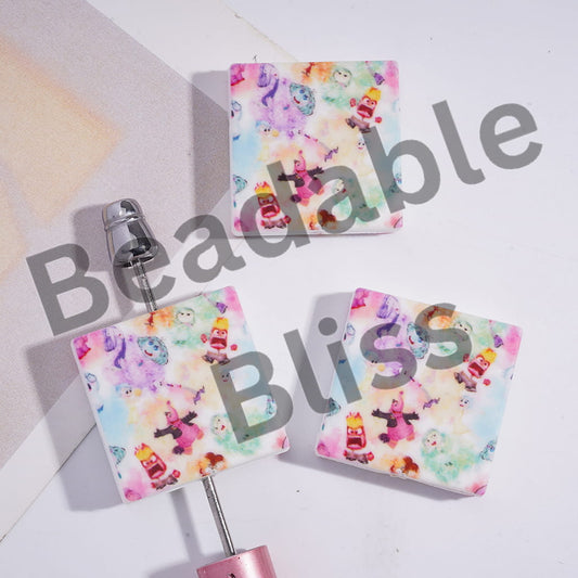 Silicone Focal Beads with Magic Hair Elf Series Pattern, Flat Square Shape
