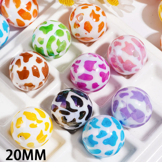 UV Coating Acrylic Beads for Bracelets with Milk Cow Patterns Series, 20MM Multi-Colors Random Mix