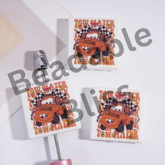 Silicone Focal Beads with Sports Car Pattern, Flat Square Shape