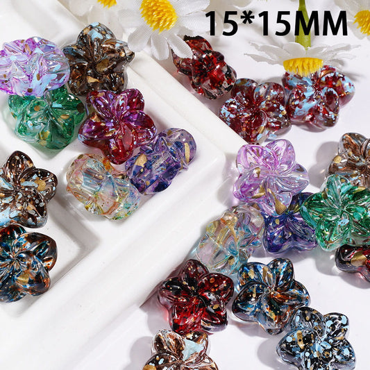 Acrylic Beads Five-Pointed Star Flower w Swirl Vein and Colorful Spots, 15*15MM, Multi-Color, Random Mix