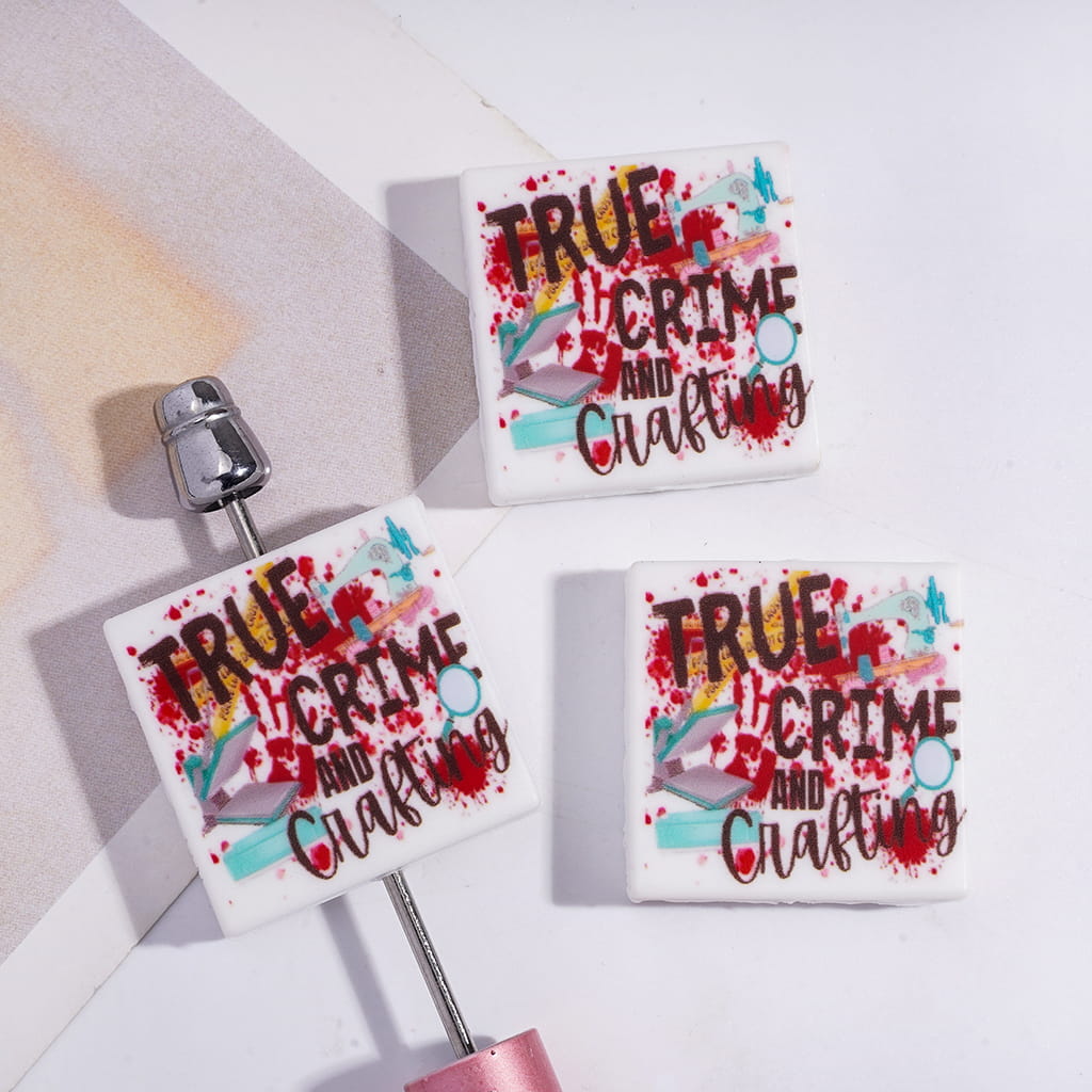 Silicone Focal Beads with Text "TRUE CRIME AND CRAFTING" on Bloodstain Tools Patterns, Flat Square Shape