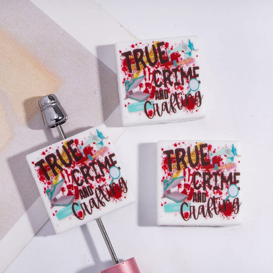 Silicone Focal Beads with Text "TRUE CRIME AND CRAFTING" on Bloodstain Tools Patterns, Flat Square Shape