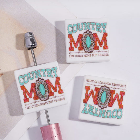 Silicone Focal Beads with Text "COUNTRY MOM LIKE OTHER MOM BUT TOUGHER" and Turquoise Gemstone, Flat Square Shape