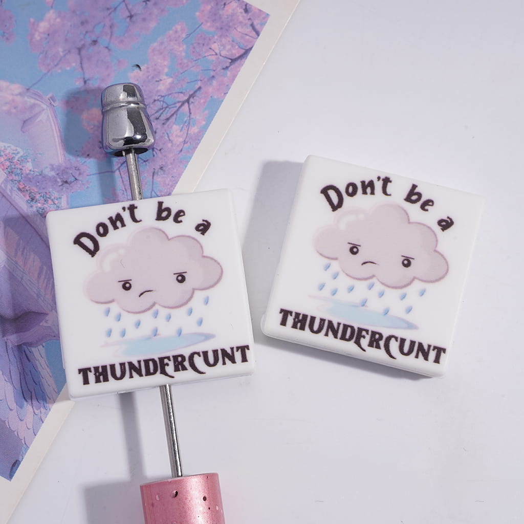 Silicone Focal Beads with Rainy Cloud and Text "Don't be a THUNDFRCUNT", Flat Square Shape