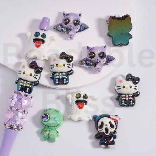 Acrylic Beads UV Coating Halloween Series Ghost Skeleton Hello Kitt Pumpkin Bat, Random Mix
