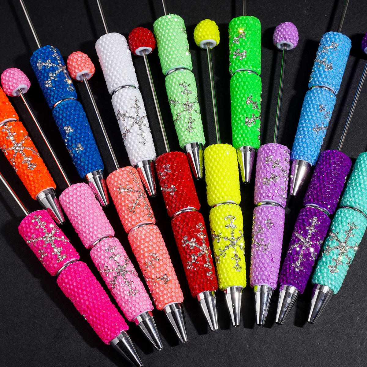 Beadable Clay Pens with Clear Rhinestones and Snowflake Shaped Rhinestone Design, Multi-Color