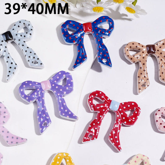 Acrylic Beads Pendant Bow Tie with Polka Dots Series, 39*40MM Multi Colors Random Mix