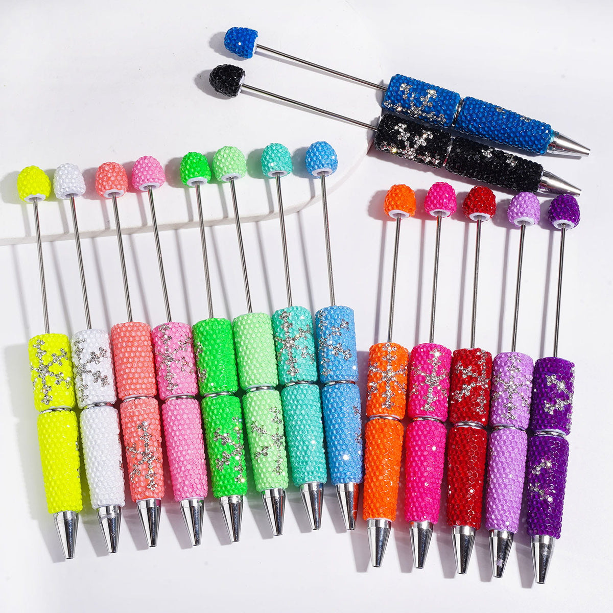 Beadable Clay Pens with Clear Rhinestones and Snowflake Shaped Rhinestone Design, Multi-Color