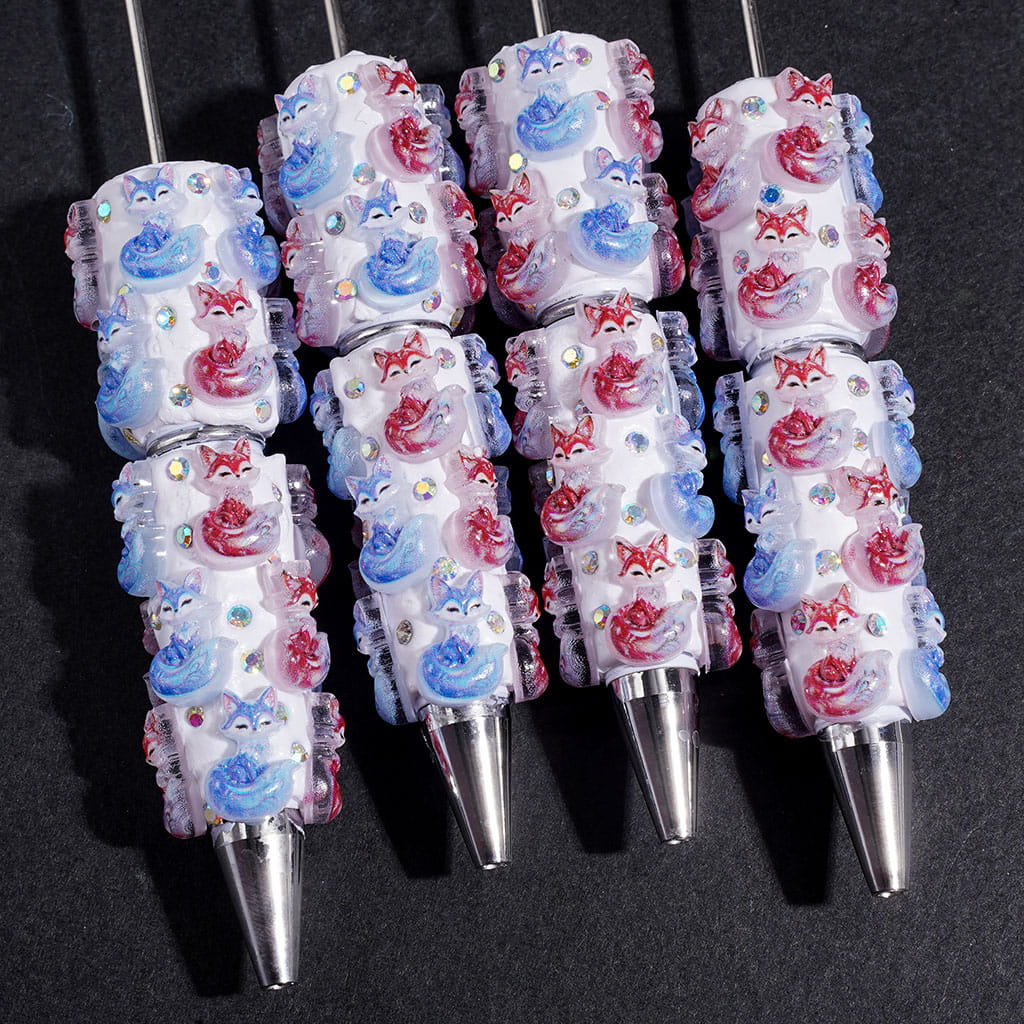 Beadable Clay Pens with Blue Red Fox and AB Rhinestones