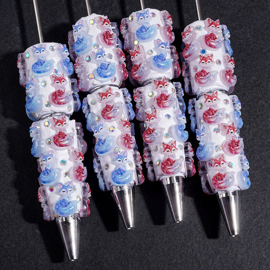 Beadable Clay Pens with Blue Red Fox and AB Rhinestones